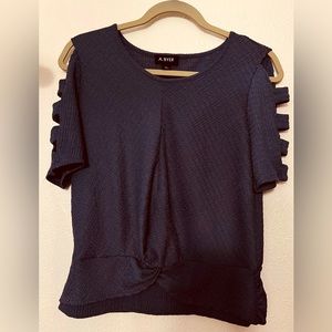 A.Byer Sz L Cold Cut-Out Shoulder Denim Blue Pullover Cropped 3/4 Sleeve Top